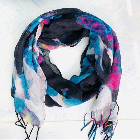 Accessories - Abstract floral gauze blue and black fringed scarf